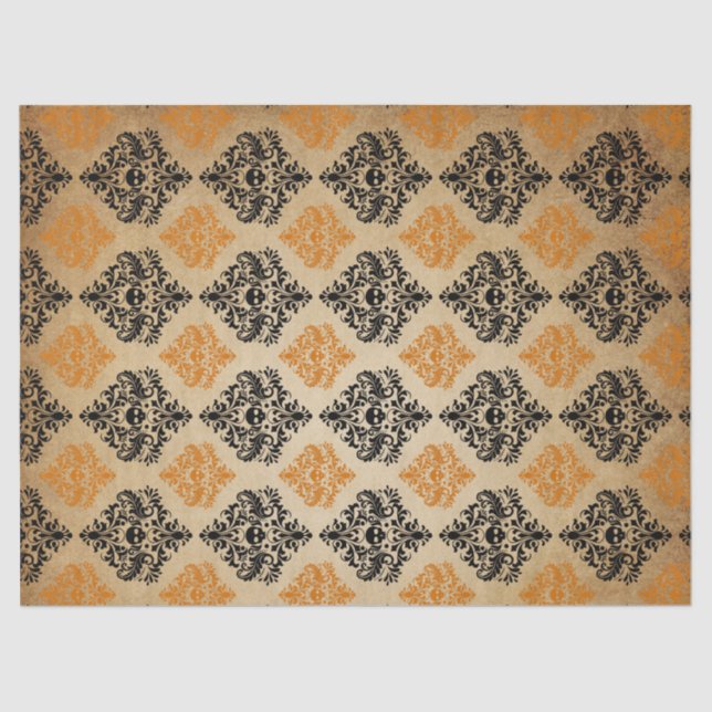 Orange and Black Damask Skull Decoupage Tissue Paper (Front)