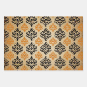 Orange and Black Damask Skull Wrapping Paper Sheets