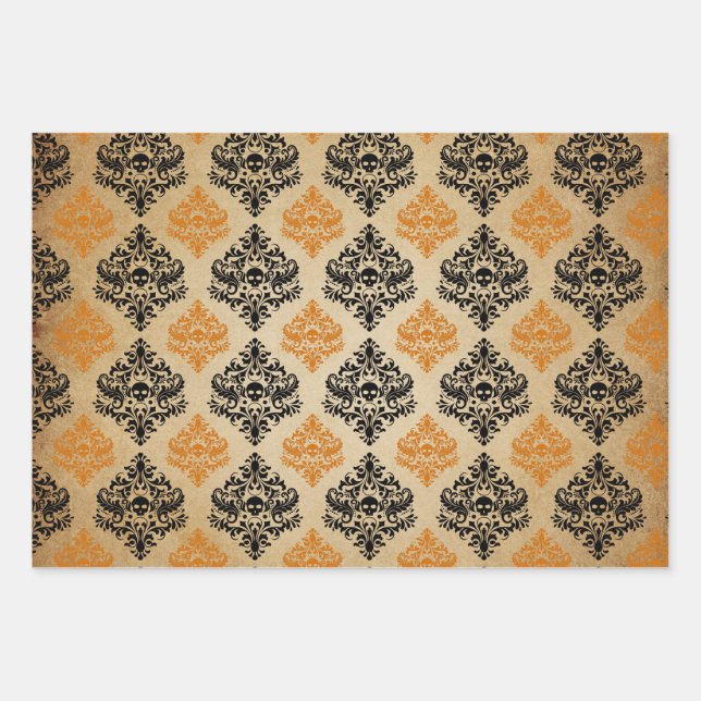 Orange and Black Damask Skull Wrapping Paper Sheets (Front)