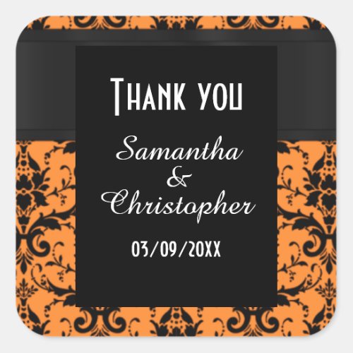 Orange and black damask thank you square sticker