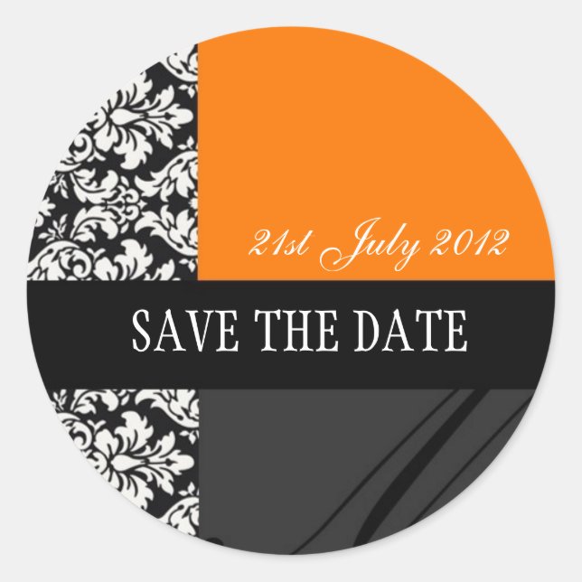 Orange and Black Damask Wedding Stickers (Front)