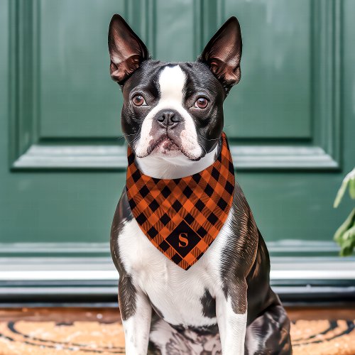 Orange And Black Diagonal Buffalo Plaid Monogram Pet Bandana Collar