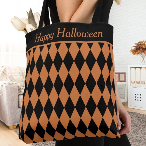 Orange and Black Diamond Harlequin Pattern Custom Tote Bag