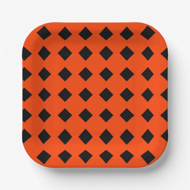 Orange and Black Diamond Pattern Halloween  Paper Plates (Front)
