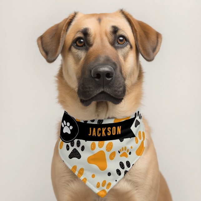 Orange and Black Dog Paw Prints with Dog's Name Pet Bandana Collar (Dog 2)