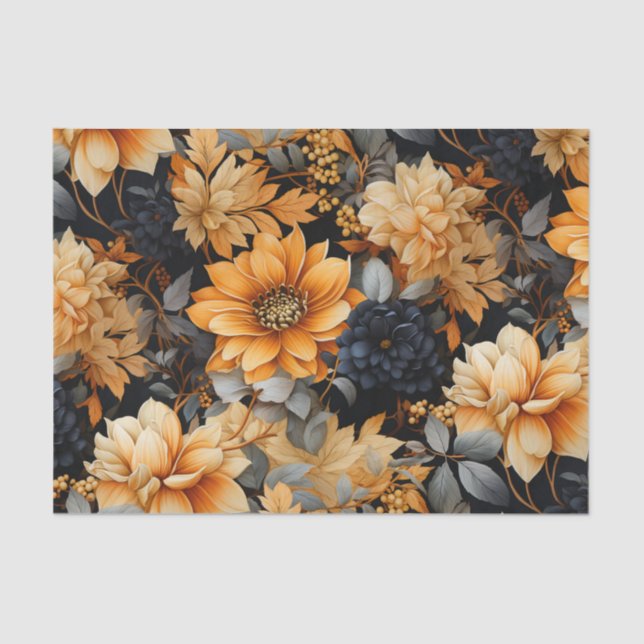 Orange and Black Fall Floral Tissue Paper (Front)
