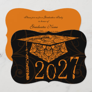 Orange and Black Floral Cap 2027 Graduation Party Invitation