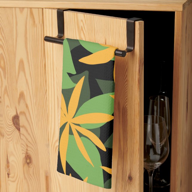 Orange and black floral pattern kitchen towel (Thirds Fold)