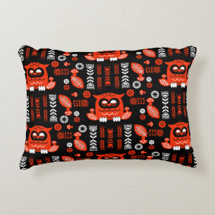 Orange And Black Folk Art Nordic Owl Accent Pillow