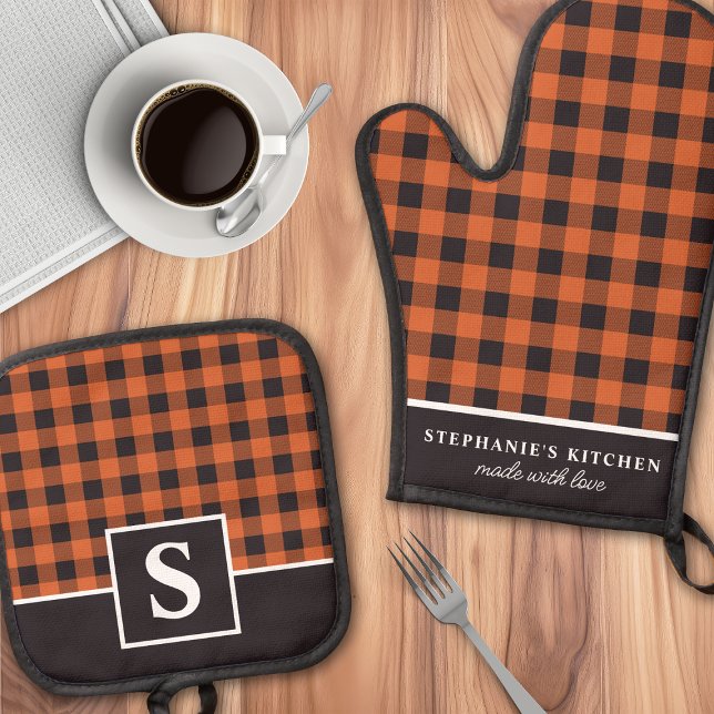 Orange And Black Gingham Plaid Checker Monogrammed Oven Mitt & Pot Holder Set (Creator Uploaded)