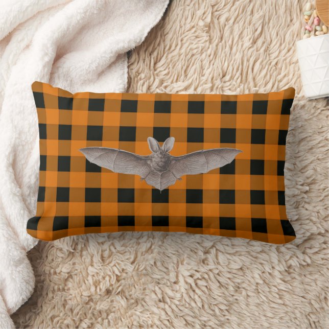 Orange and Black Gingham With  Brown Bat Lumbar Pillow (Blanket)