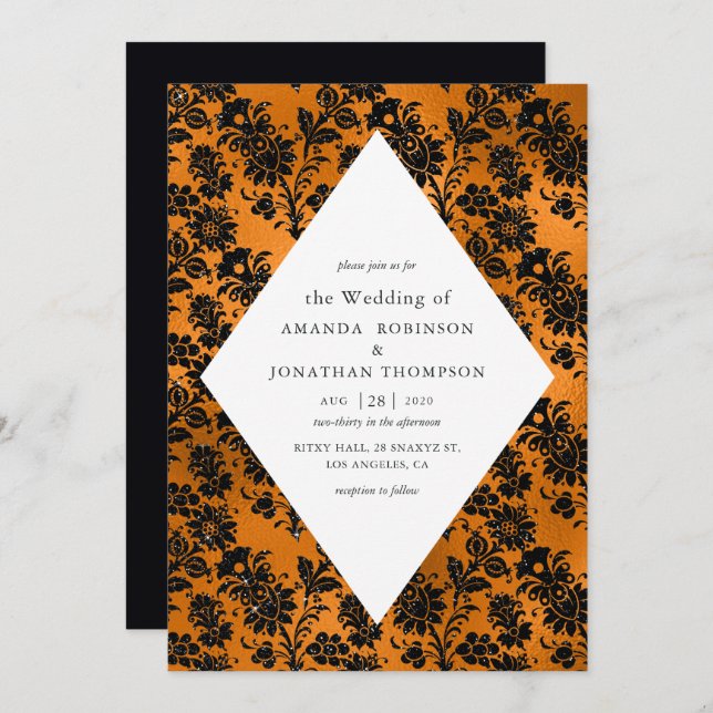 Orange and Black Glam Faux Foil Wedding Invitation (Front/Back)
