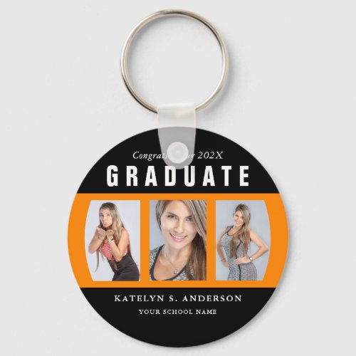Orange and Black Graduation Photo Collage Keychain
