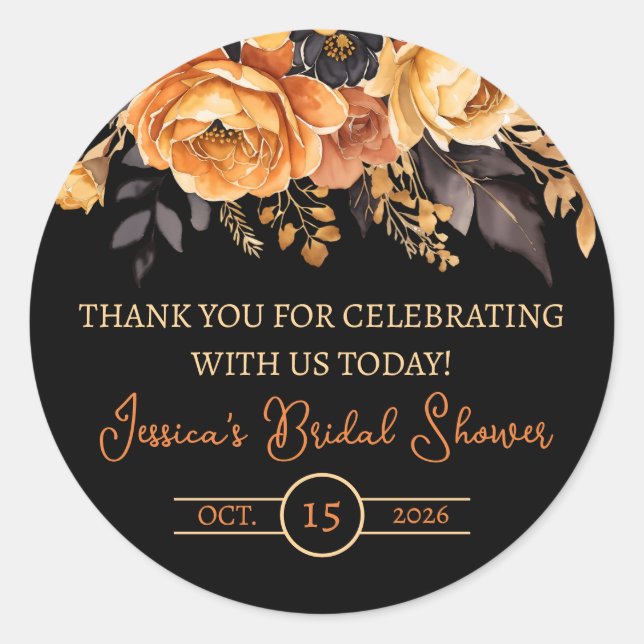 Orange and Black, Halloween, Floral Bridal Shower  Classic Round Sticker (Front)