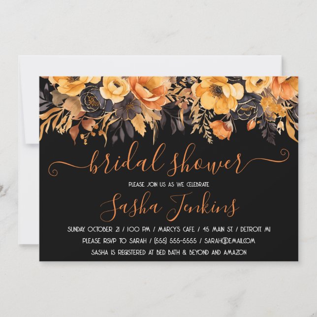 Orange and Black, Halloween, Floral Bridal Shower  Invitation (Front)