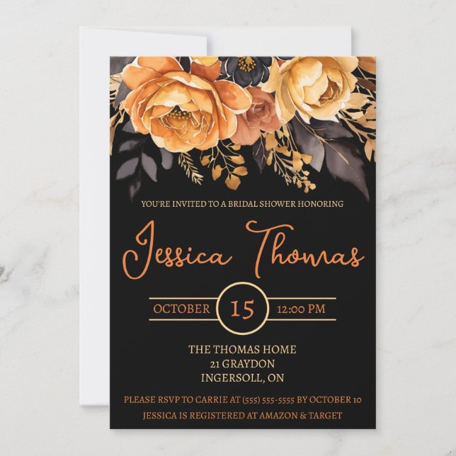 Orange and Black, Halloween, Floral Bridal Shower  Invitation (Front)