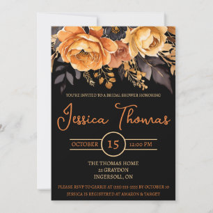 Orange and Black, Halloween, Floral Bridal Shower Invitation