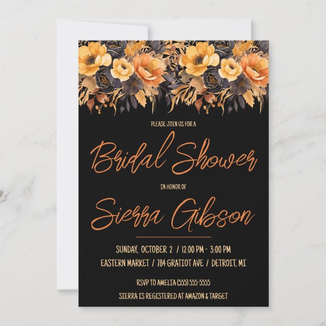 Orange and Black, Halloween, Floral Bridal Shower Invitation (Front)