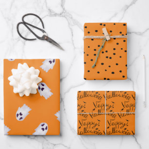 Orange and Black Halloween Ghosts Wrapping Paper Sheets