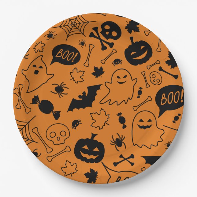 Orange and Black Halloween Pattern Art Halloween  Paper Plates (Front)