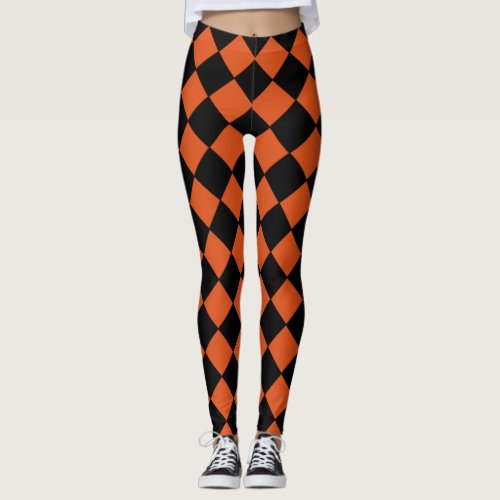 Orange and Black Harlequin Diamond Checked Pattern Leggings