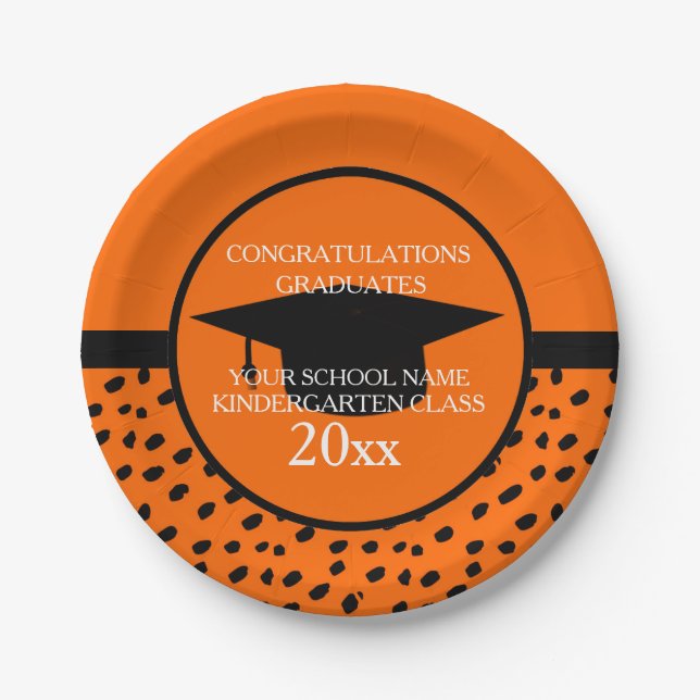 Orange and Black Kindergarten Graduation Paper Plates (Front)