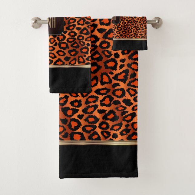 Orange and Black Leopard Pattern with Monogram Bath Towel Set (Insitu)
