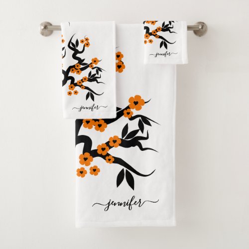 Orange and black love birds cherry tree blossoms bath towel set