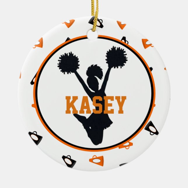 Orange and Black Megaphones Cheerleader Ceramic Ornament (Front)