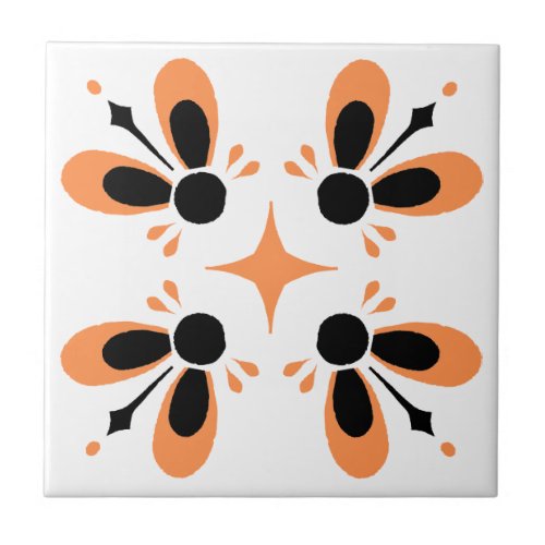 Orange and Black on White Intricate Floral pattern Ceramic Tile