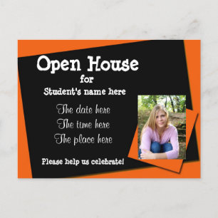 Orange and black open house invitation postcard
