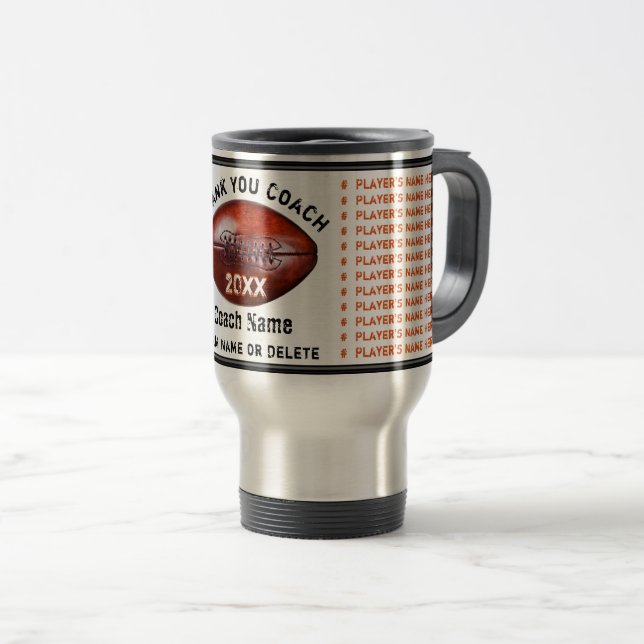 Orange and Black Personalized Football Coach Gifts Travel Mug (Front Right)