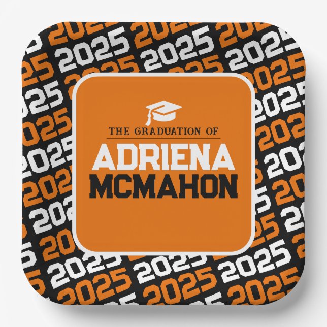 Orange and Black Personalized Graduation Paper Plates (Front)
