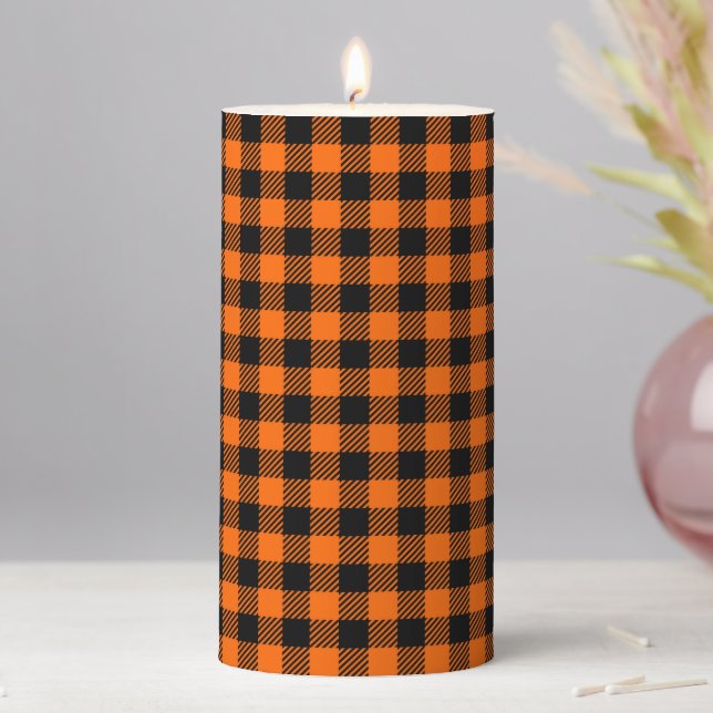 Orange and Black Plaid Pillar Candle (In Situ)