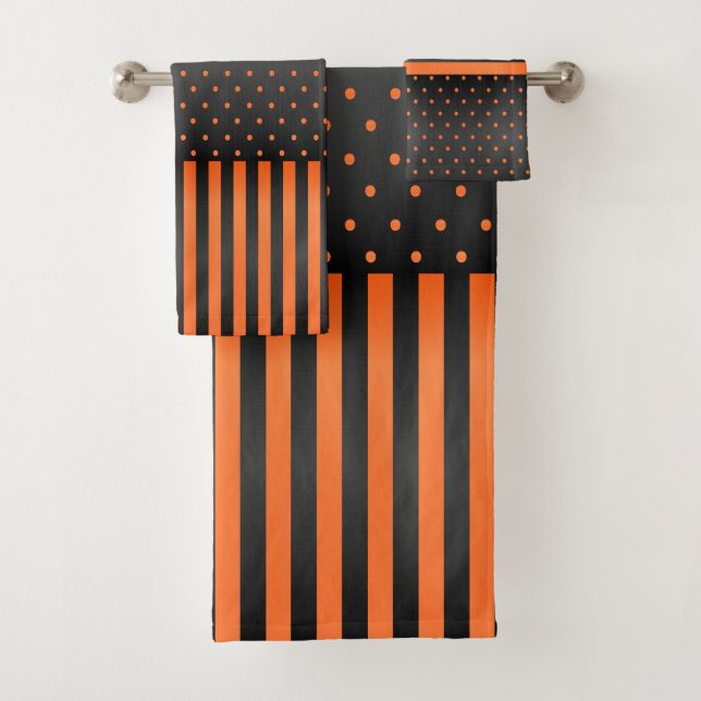 Orange and Black Polka Dots and Stripes Bath Towel Set (Insitu)