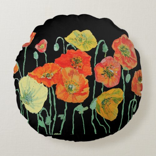 Orange and Black Poppies art Round Decor Cushion