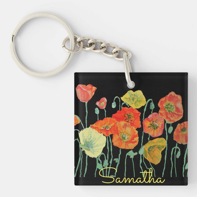 Orange and Black Poppies floral Acrylic Key Ring (Front)