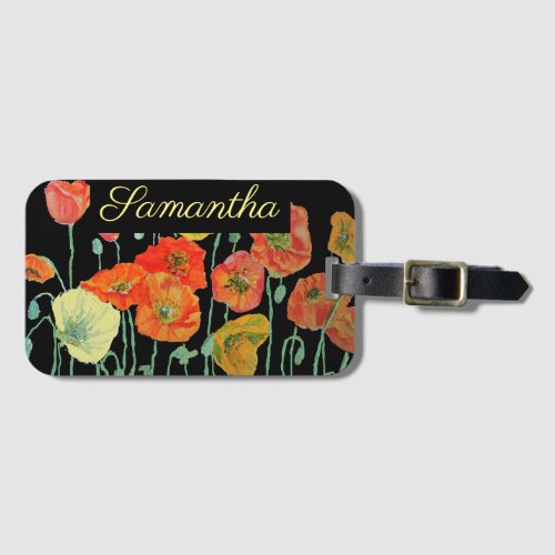 Orange and Black Poppies floral Orange red Luggage Tag