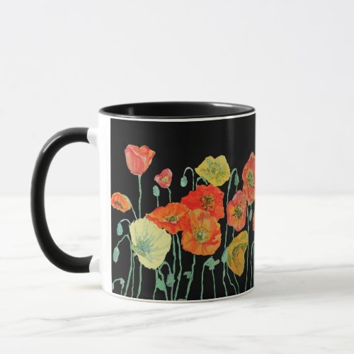 Orange and Black Poppies floral Watercolor Mug