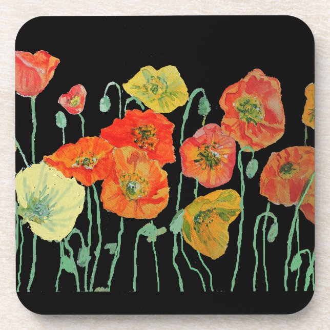 Orange and Black Poppies Flower Plastic Coaster (Front)