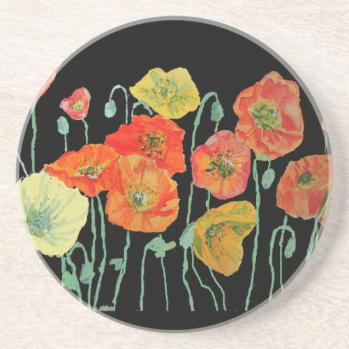 Orange and Black Poppies Flower Sandstone Coaster