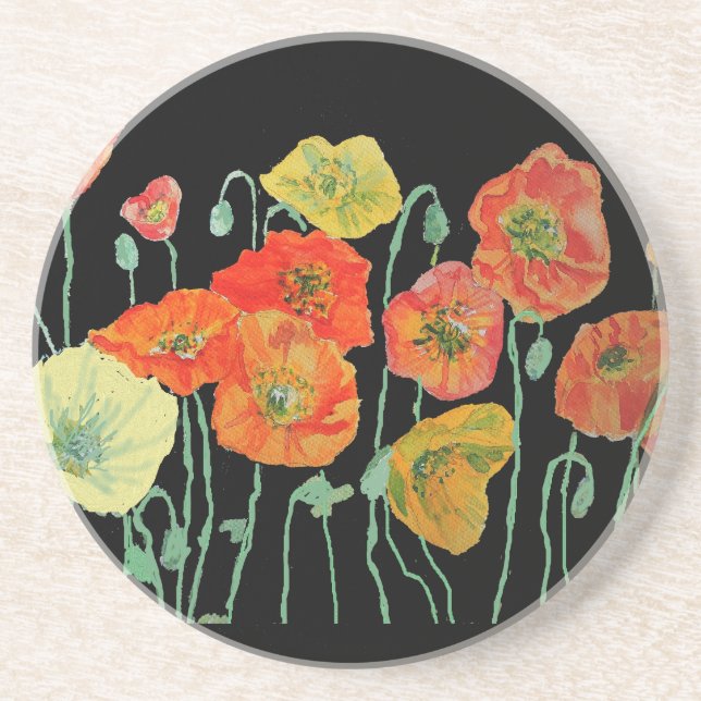 Orange and Black Poppies Flower Sandstone Coaster (Front)