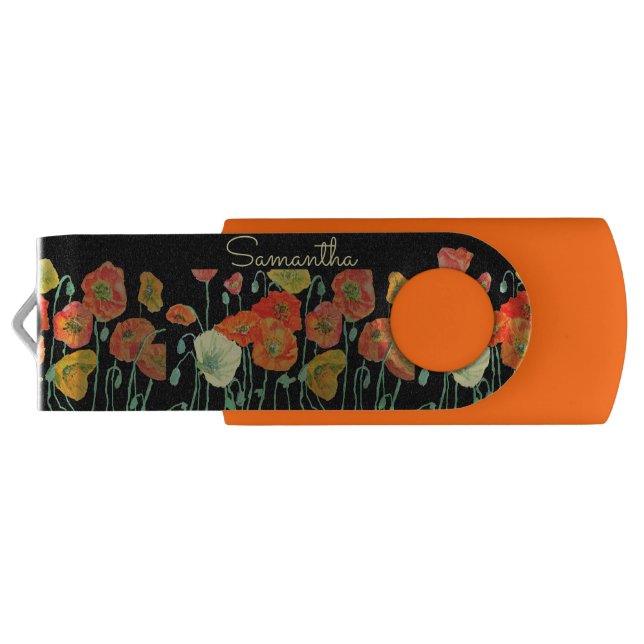 Orange and Black Poppies red Orange Floral Poppy U Flash Drive (Back)