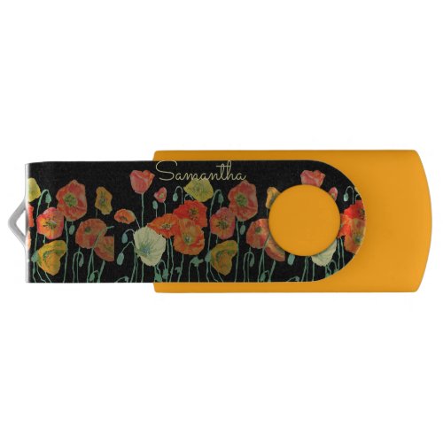 Orange and Black Poppies red Orange Floral Poppy U Flash Drive