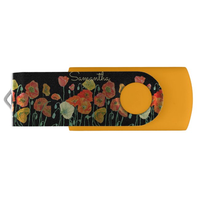 Orange and Black Poppies red Orange Floral Poppy U Flash Drive (Back)