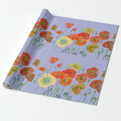 Orange and Black Poppies Watercolor Lilac Purple Wrapping Paper