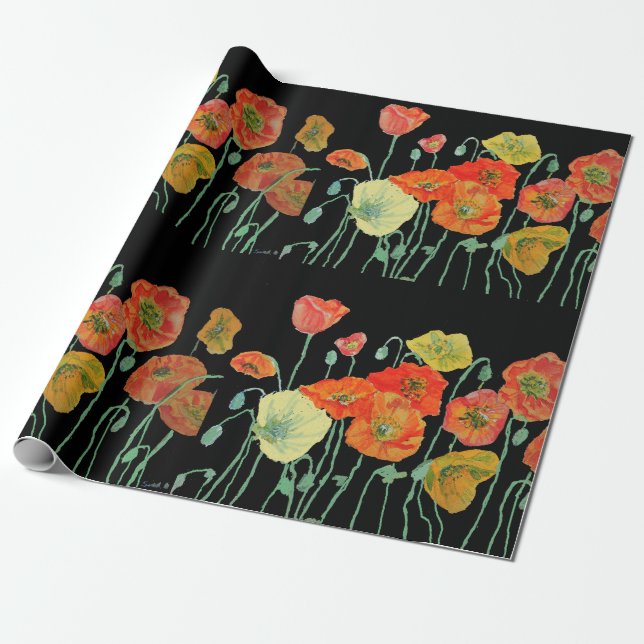 Orange and Black Poppies Watercolor Wrapping Paper (Unrolled)
