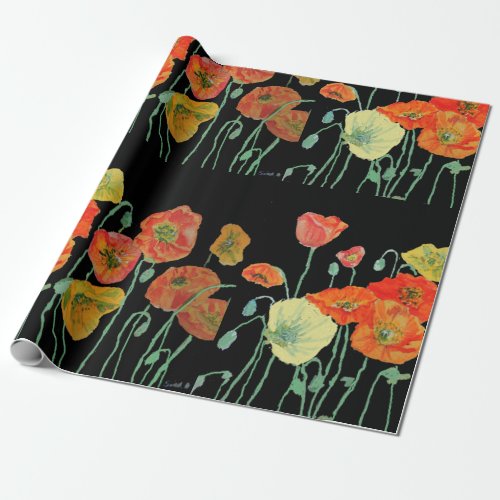 Orange and Black Poppies Watercolor Wrapping Paper