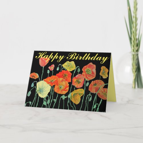 Orange and Black Poppies Watercolour Birthday Card