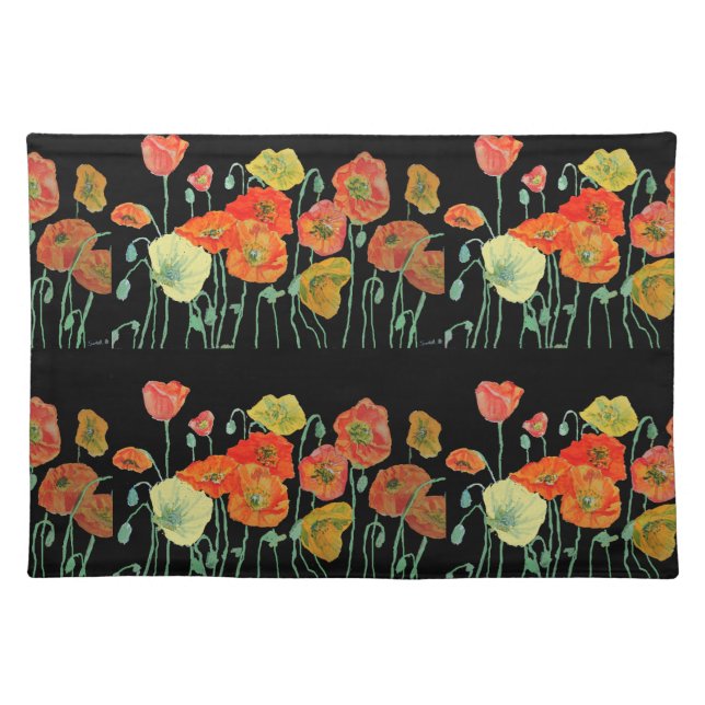 Orange and Black Poppies Watercolour Placemat (Front)